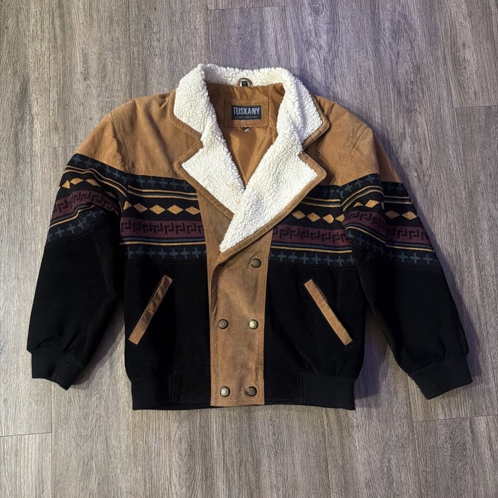 Vintage Tuskany Aztec Suede Bomber Jacket, Western Sherpa Lined Bomber Tan Small